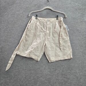 Halston Women Shorts Small Beige 100% Linen Belted Tie‎ High Rise 7 in Inseam